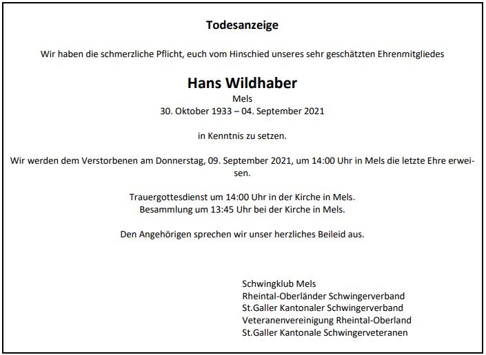 Read more about the article Todesanzeige +Hans Wildhaber